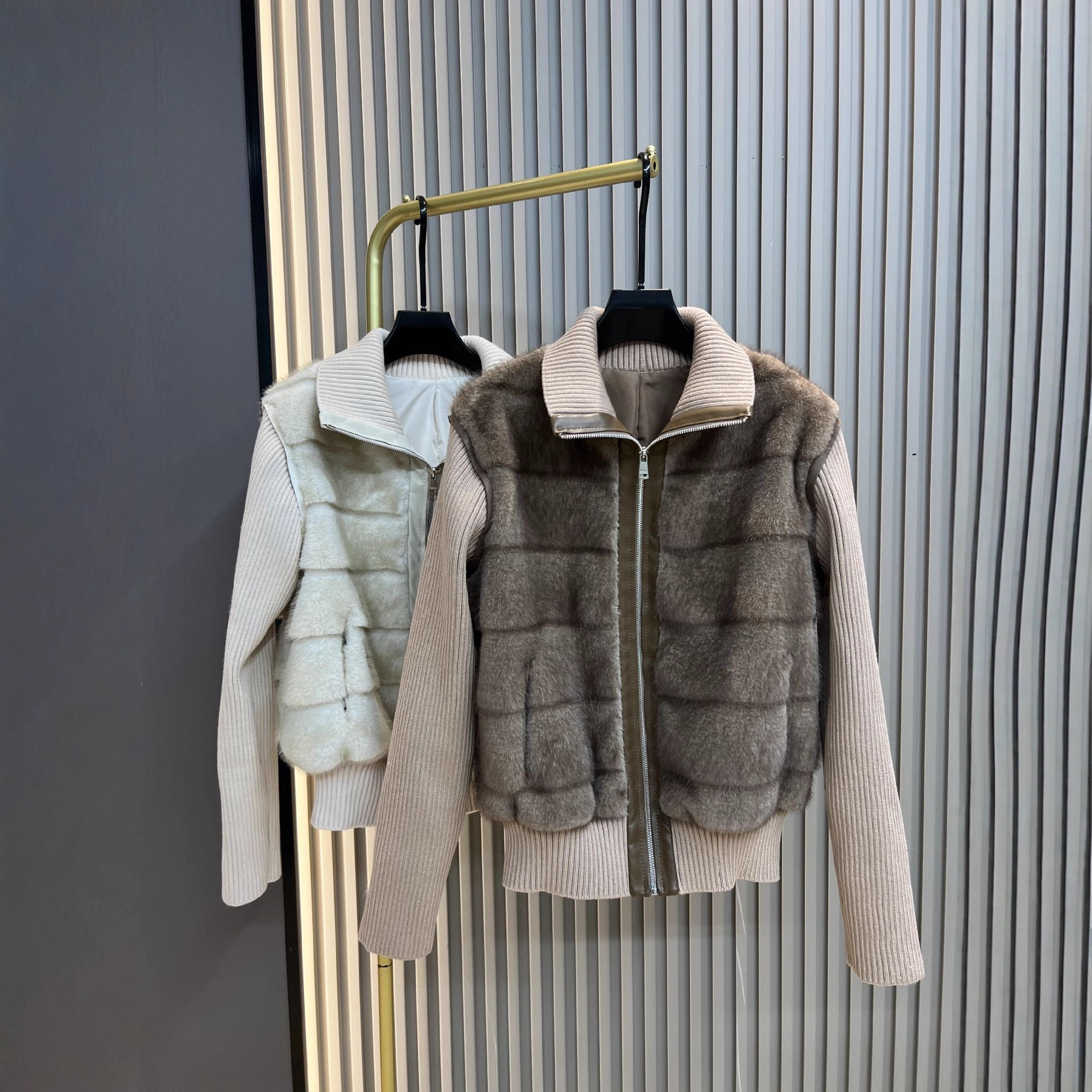 针织拼接仿水貂皮草外套女25冬季新款可拆卸袖加厚保暖夹棉短上衣