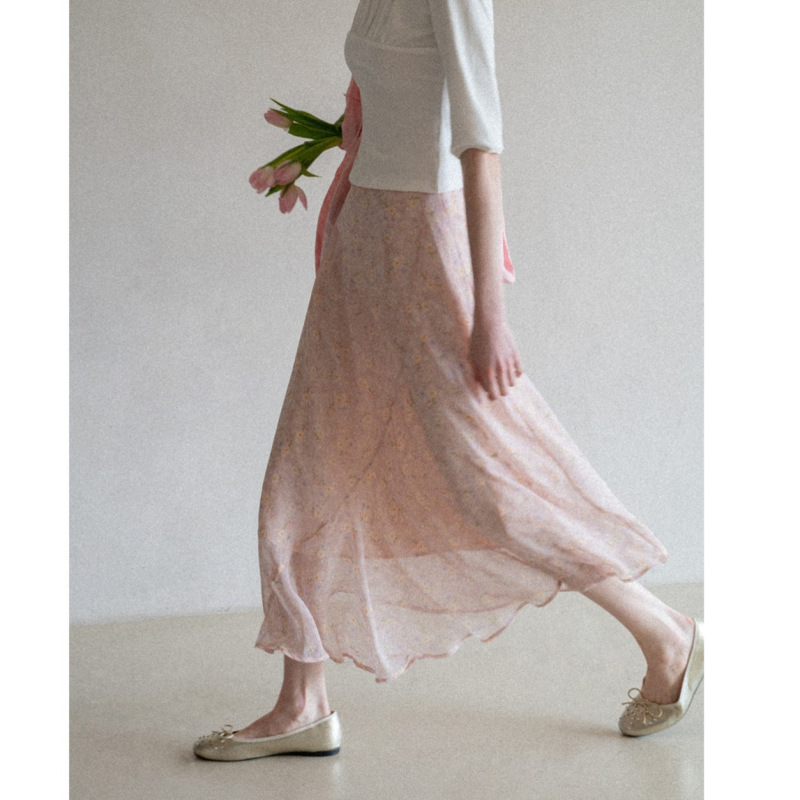 Eggk Rule: Draped and Flowing Ins-Style Floral Skirt, Summer Pink High-Waisted Elegant Slimming A-Line Long Skirt