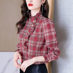 加绒加厚格子雪纺衬衫女秋冬2025新款秋时尚欧货小衫长袖洋气衬衣