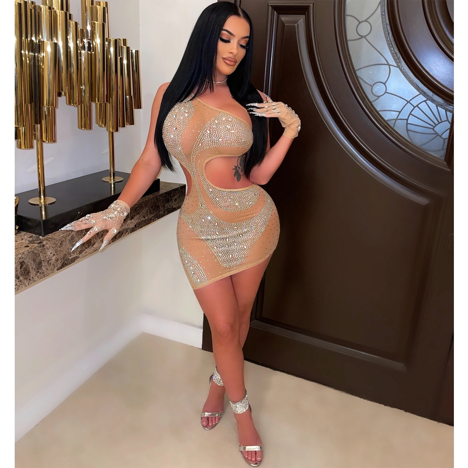 C563 transfronterizo AliExpress Amazon moda europea y americana sexy club nocturno apretado rhinestone vestido hueco ropa de mujer