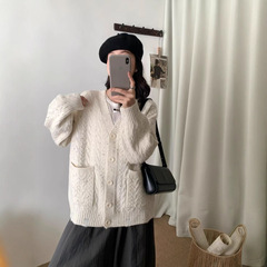 外贸V领大版彩点简约风毛衣开衫女秋冬季宽松慵懒减龄纯色针织衫