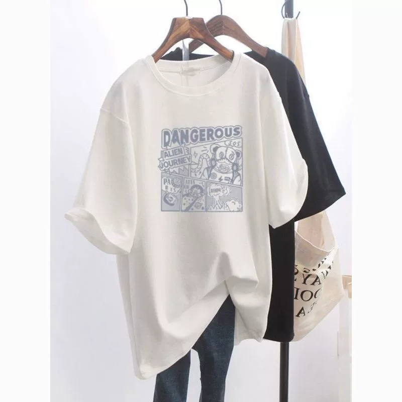 В сочетании с брюками-акулами, женская футболка из 100% хлопка с короткими рукавами, свободный повседневный топ средней длины с половиной рукавов для лета.