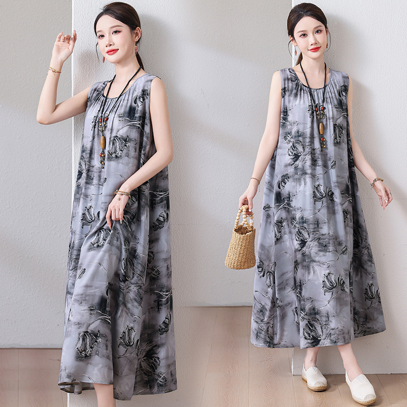 Cotton Silk Mother Summer dress Middle-aged and Elderly plus size Women's 100.00kg Loose Artificial Cotton Sleeveless New Dress