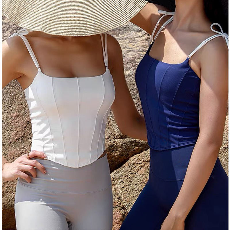 Foreign Trade Fitness Yoga Vest Women's Tether Pleated Skin-Friendly Naked Double Scrub Sports Running Dance Sling Top Foreign Trade Fitness Yoga Vest Women's Tether Pleated Skin-Friendly Naked Double Scrub Sports Running Dance Sling Top