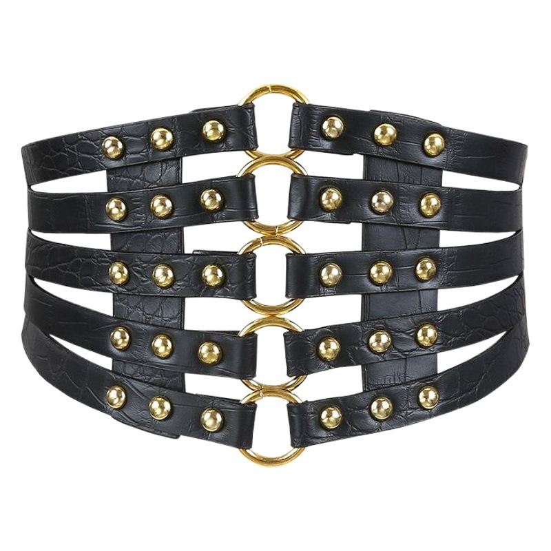 Moda retro hueco-fuera sauce ultra-ancho sello de la cintura de las mujeres europeas y americanas todo-fósforo falda abajo chaqueta decorativa cinturón negro para las mujeres