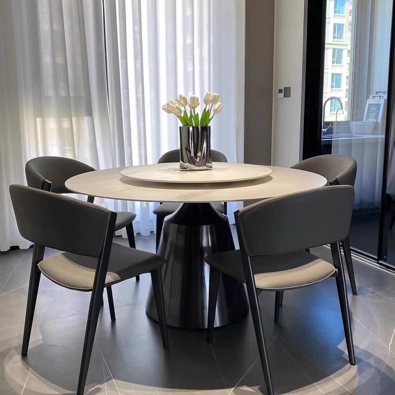 Rock plate dining table light luxury modern simple round round round table with turntable gray steel minimalist 2023 new high-end dining table Rock plate dining table light luxury modern simple round round round table with turntable gray steel minimalist 2023 new high-end dining table