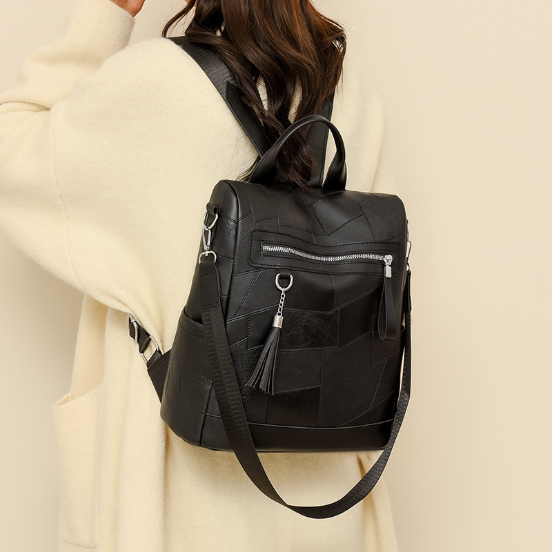 Mochila retro de cuero suave de costura para mujer AliExpress Tendencia de moda de gran capacidad Mochila coreana para estudiantes universitarios de cercanías