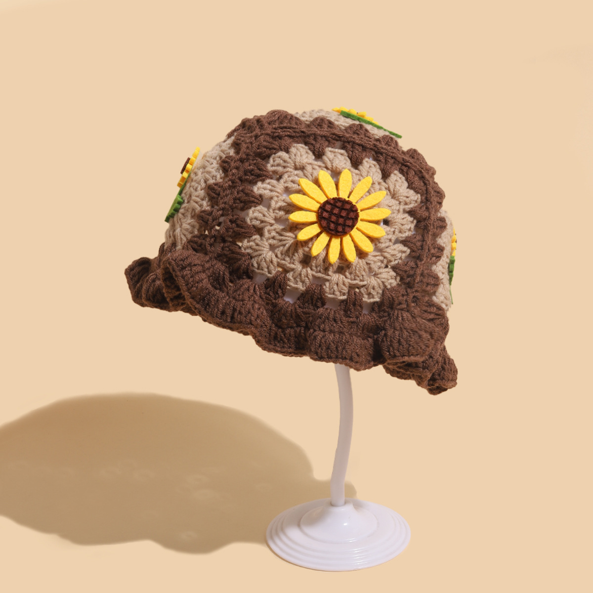 Cappello da pescatore con girasole tessuto a mano, autunno e inverno, carino cappello infantile con bordo a fungo, in lana all'uncinetto_voghion.com