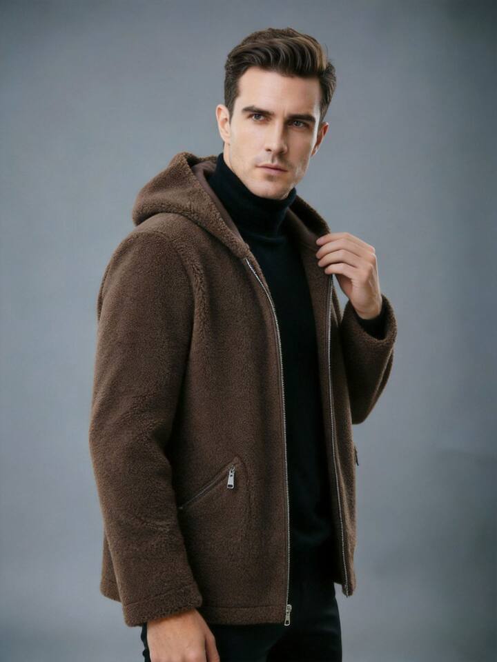 Áo khoác jacket nam dày dặn hai mặt mặc được có mũ, dáng rộng, dài áo 50–65 cm — Màu cà phê, màu đen chi tiết 3