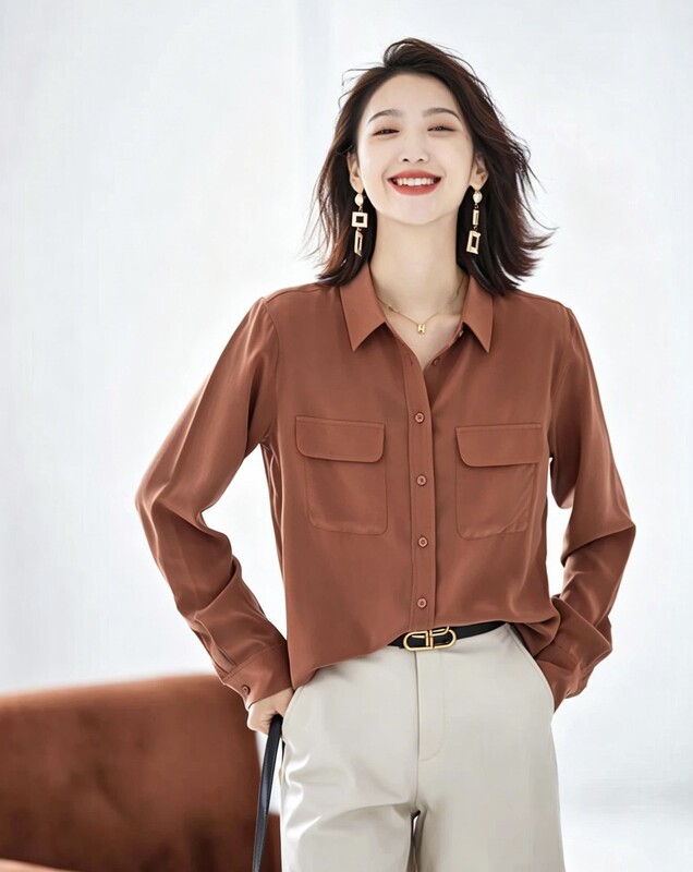 26 Early Autumn New Hot Chocolate Color Double Pocket Silk Shirt Classic Turn-down Collar Long Sleeve Top 126 26 Early Autumn New Hot Chocolate Color Double Pocket Silk Shirt Classic Turn-down Collar Long Sleeve Top 126