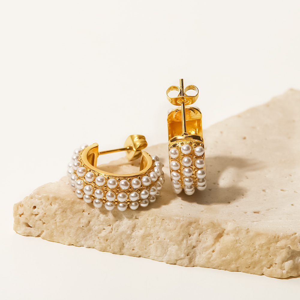 Retro Geometric Stainless Steel Artificial Pearls Hoop Earrings 1 Pair