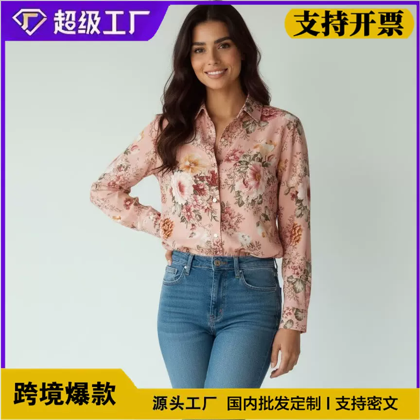 2026新款跨境外贸翻领衬衫女宽松显瘦通勤日常款春日柔雾碎花衬衫