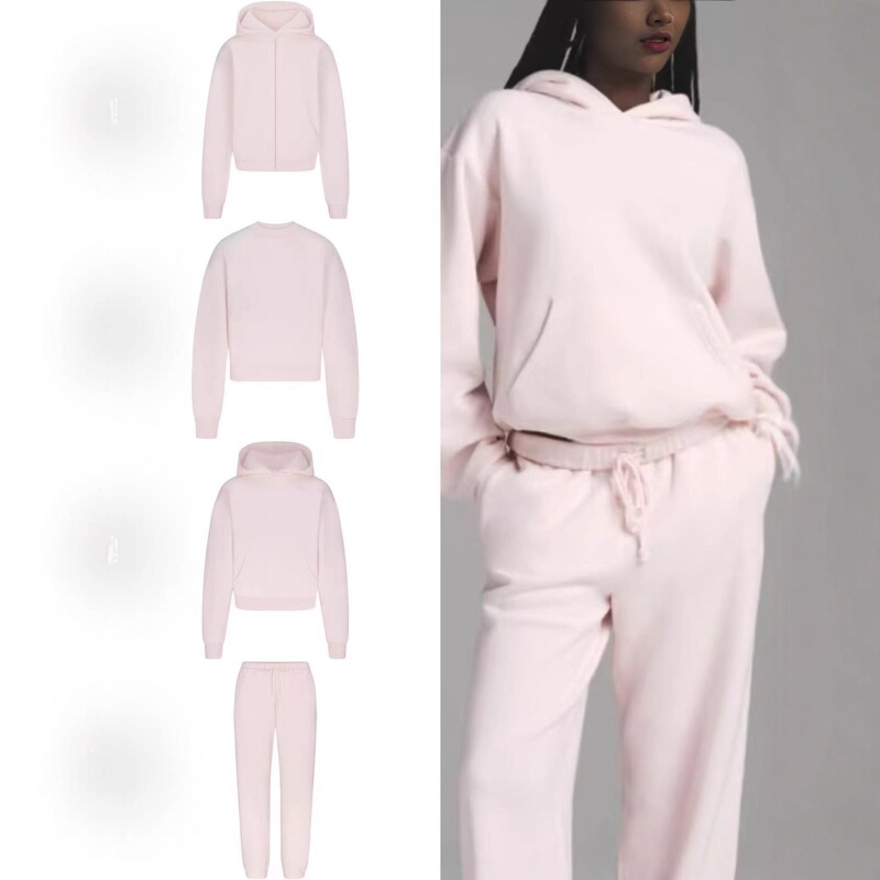 Skims Kardashian Light Pink Series Embossed Letter Hooded Sweatshirt Round Neck Jacket Jogger Pants Sweatshirt Fleece Jacket