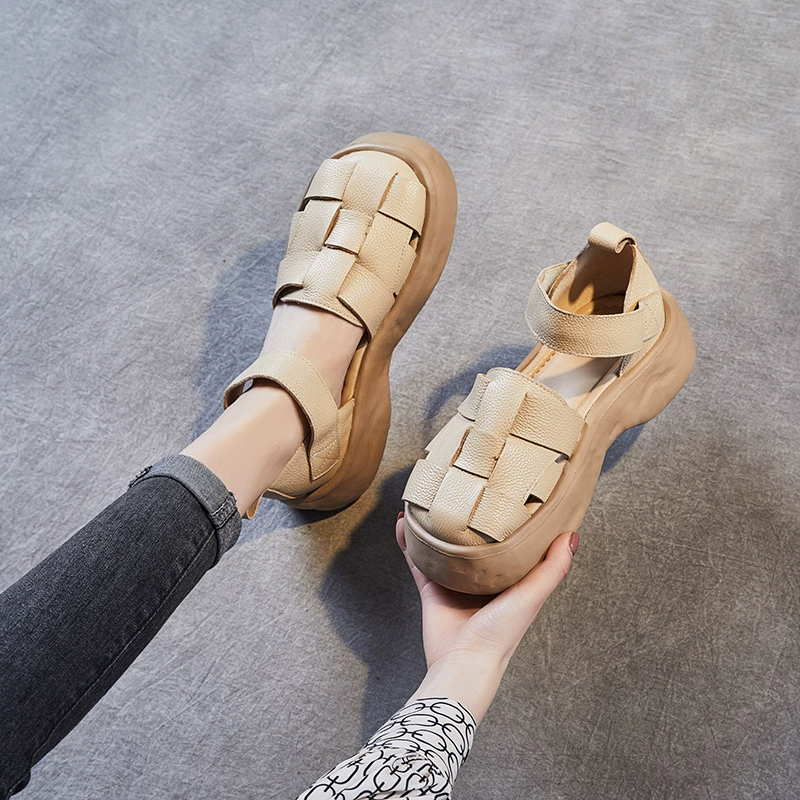 Summer leather sandals platform, woven slide, genuine slippers, beach footwear, cowhide