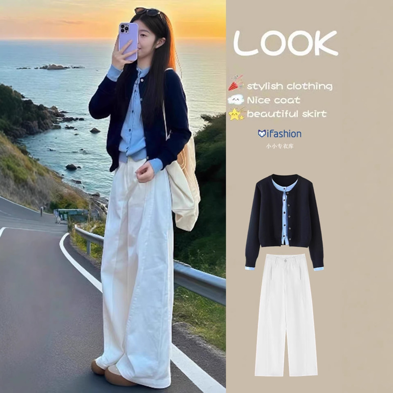 Korean-Style Early Autumn Outfit: a Complete Set of Women's Autumn Knit Shirt with a Faux Two-Piece Top Paired with Denim Wide-Leg Pants Set Korean-Style Early Autumn Outfit: a Complete Set of Women's Autumn Knit Shirt with a Faux Two-Piece Top Paired with Denim Wide-Leg Pants Set