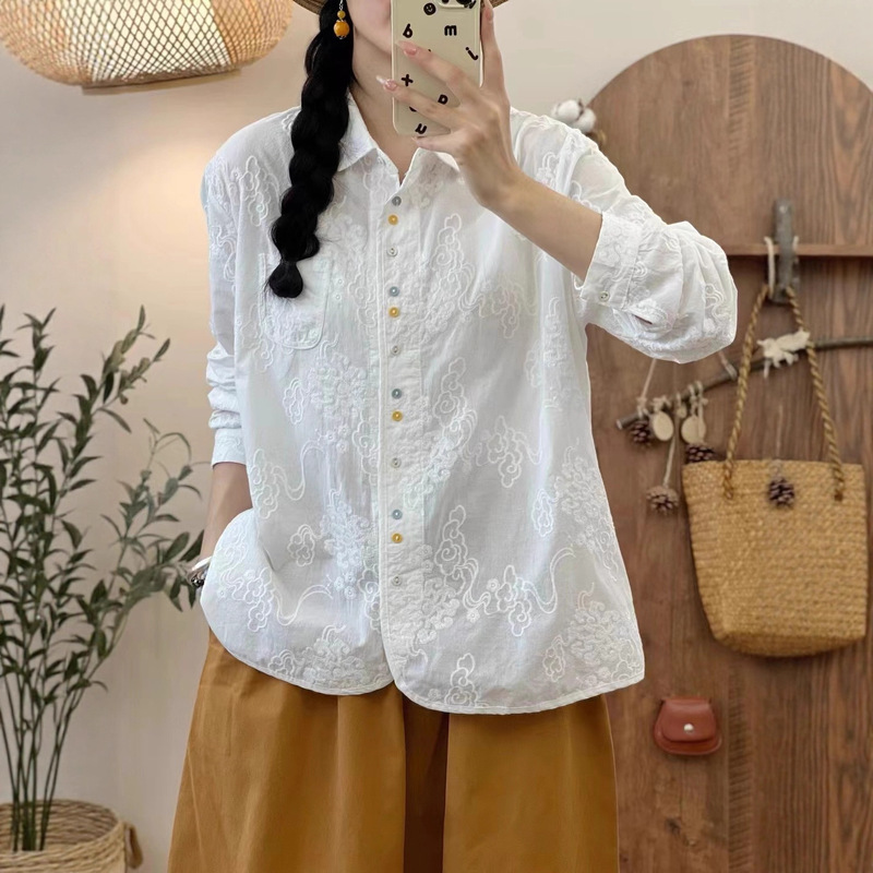 Autumn Vintage Cotton Embroidered Shirt for Women, Sweet Colorful Button Long-Sleeve Loose Slimming Blouse Autumn Vintage Cotton Embroidered Shirt for Women, Sweet Colorful Button Long-Sleeve Loose Slimming Blouse