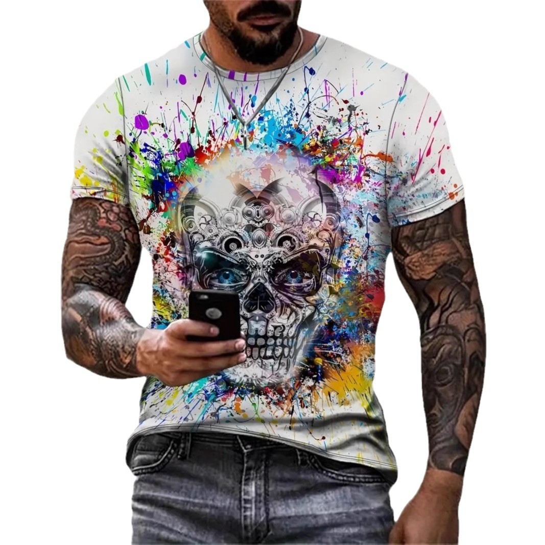 Camiseta de cuello redondo transpirable de malla de manga corta suelta para hombre con estampado digital 3D