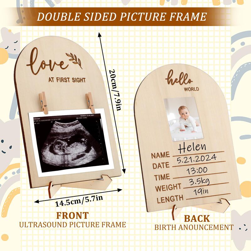Wooden Baby Ultrasonic Photo Frame Stand Double-Sided Sign Baby Birth Commemorative Milestone Solid Wood Crafts Wooden Baby Ultrasonic Photo Frame Stand Double-Sided Sign Baby Birth Commemorative Milestone Solid Wood Crafts