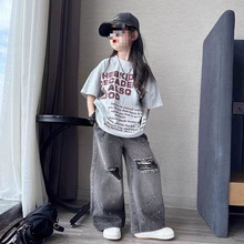 女童套装2025新款夏季中大童印花短袖儿童牛仔阔腿裤潮流两件套潮