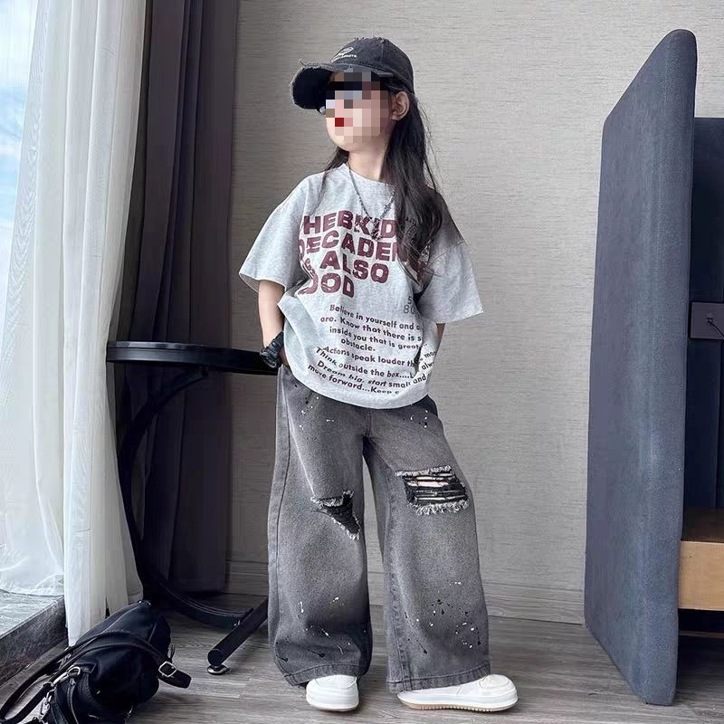女童套装2025新款夏季中大童印花短袖儿童牛仔阔腿裤潮流两件套潮