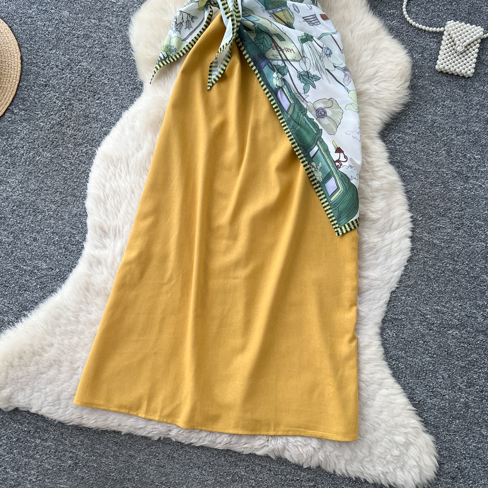 Elegant Sleeveless Round Neck Dress Style Summer Asymmetrical Long Dress With Scarf And Slit Sophisticated Tie Waist For Commuting_ecoleips.com