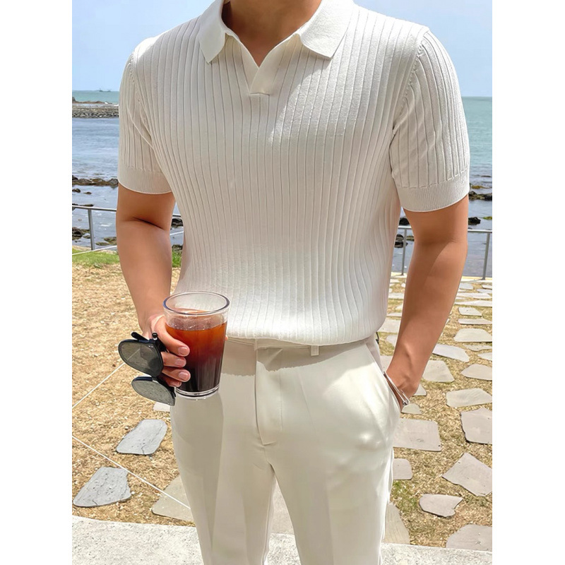 Polo de seda de hielo americano suéter delgado de manga corta con cuello apilado en forma de v para hombre camiseta de punto de manga ajustada fresca y transpirable