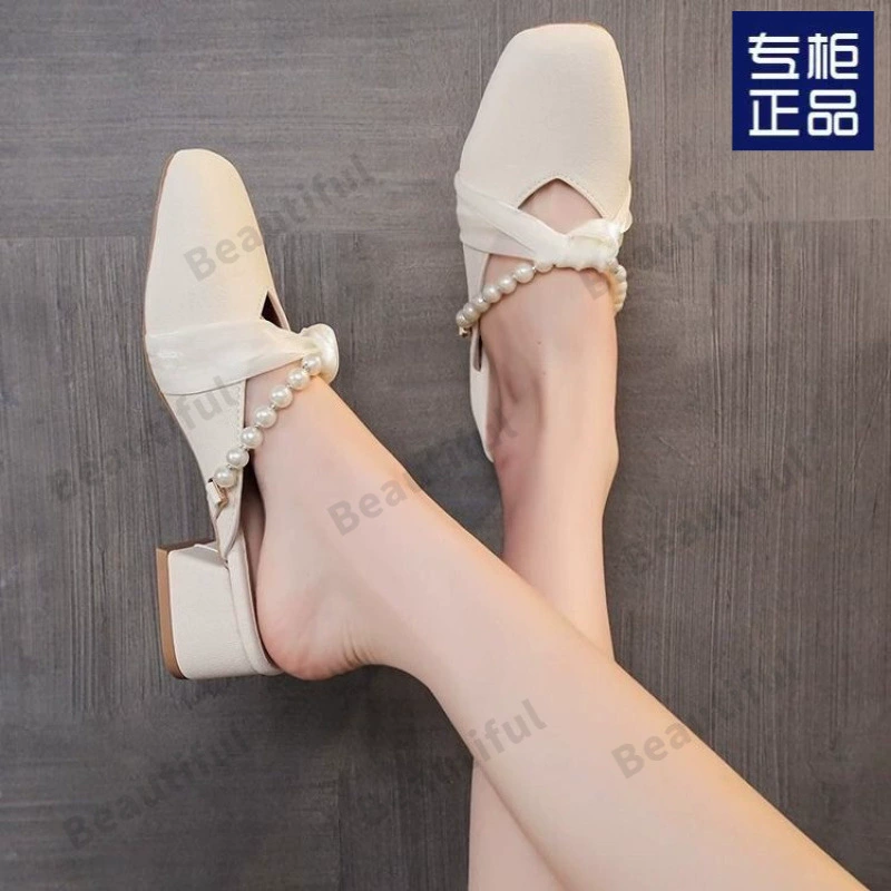 Женские полусапожки с французским жемчужным носком в стиле феи, лето 2025, новые, на высоком толстом каблуке средней высоты, для ленивой повседневной носки