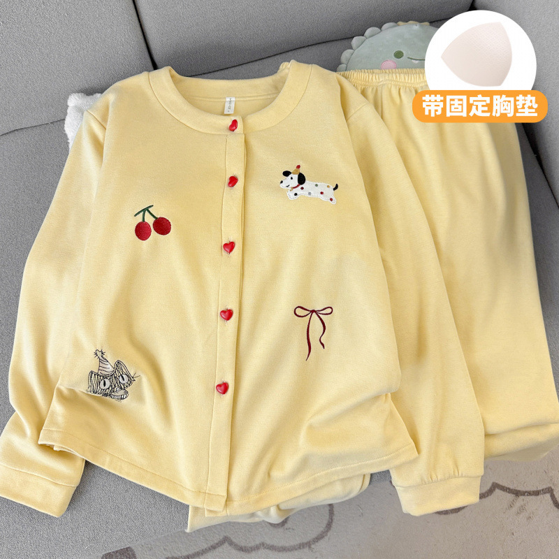 2025 New Autumn and Winter Women's Pajamas Cashmere Cartoon Sweet Long-Sleeved Pants with Breast Pads Can Be Worn Outside Home Clothes Set