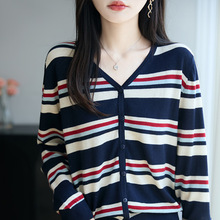 精纺羊毛V领针织假开衫长袖女2025年早秋新款拼色条纹宽松打底衫