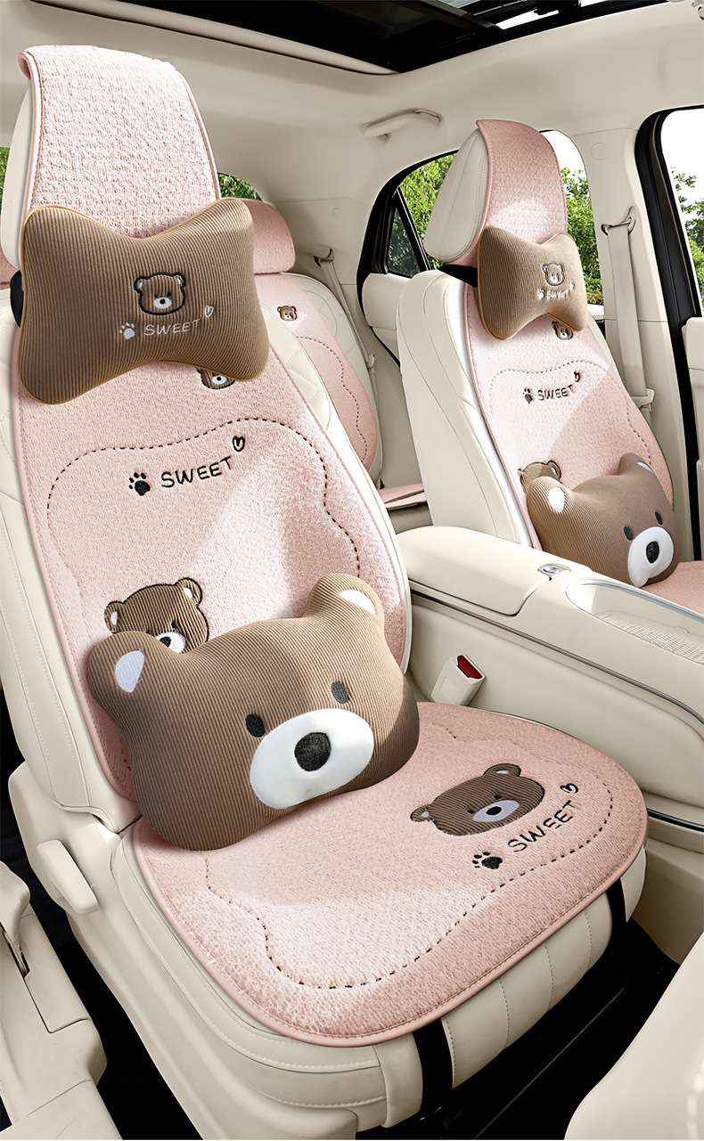Winter Plush Bear Car Seat Cushion Car Cushion Neck Pillow Winter Warm Car Interior Supplies