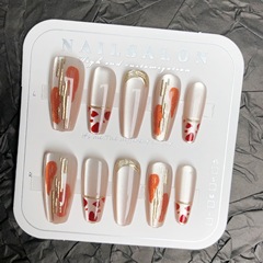 秋冬長款琥珀豹紋穿戴甲貓眼鎏金豹紋甜酷風可拆卸假指甲貼片