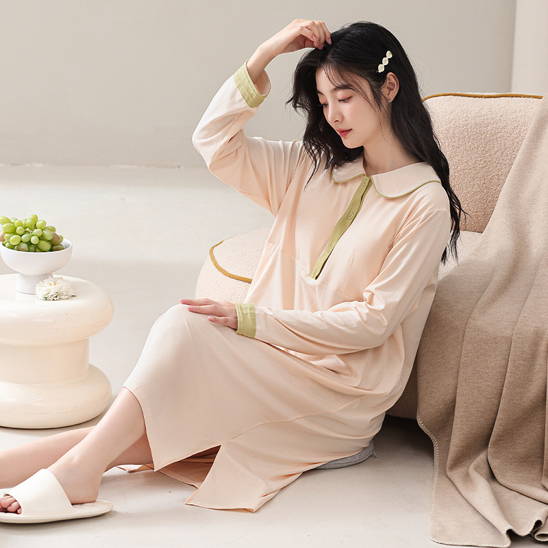 Spring and Autumn Nightgown Women's Pure Cotton Belt Chest Pad dress Pregnant Women's Long-sleeved Pajamas Loose Maternity Check-up Monthly Clothing Home Clothes
