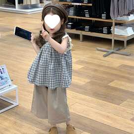 女童夏季背心套装2026新款森系女宝宝韩版格子娃娃衫直筒裤两件套