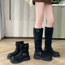 牛皮版~真皮复古厚底增高短靴女2025新款圆头皮带扣中高筒骑士靴