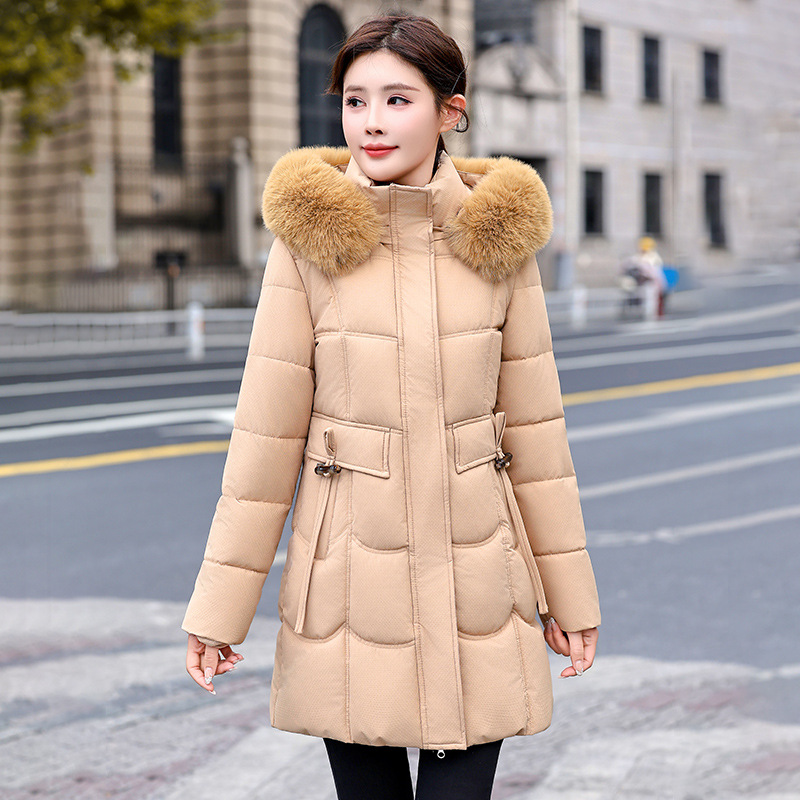 Gran cuello de cabello nueva chaqueta de algodón 2025, chaqueta de invierno media y larga chaqueta de algodón encapuchado cintura cuerda delgada y gruesa ropa de algodón mujer