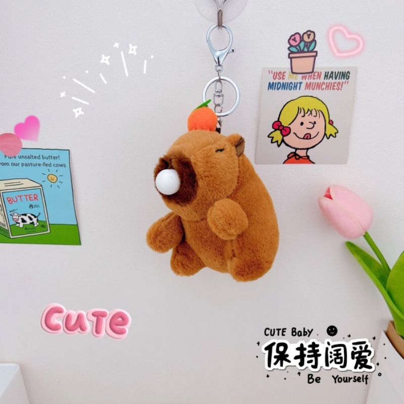 创意吐泡泡卡皮巴拉摇尾巴毛绒公仔水豚挂件玩具学生挂件毛绒棕色|undefined