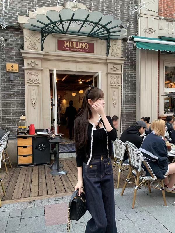 高版本~复古高腰双扣阔腿牛仔裤女秋冬设计感宽松显瘦垂感直筒裤|undefined