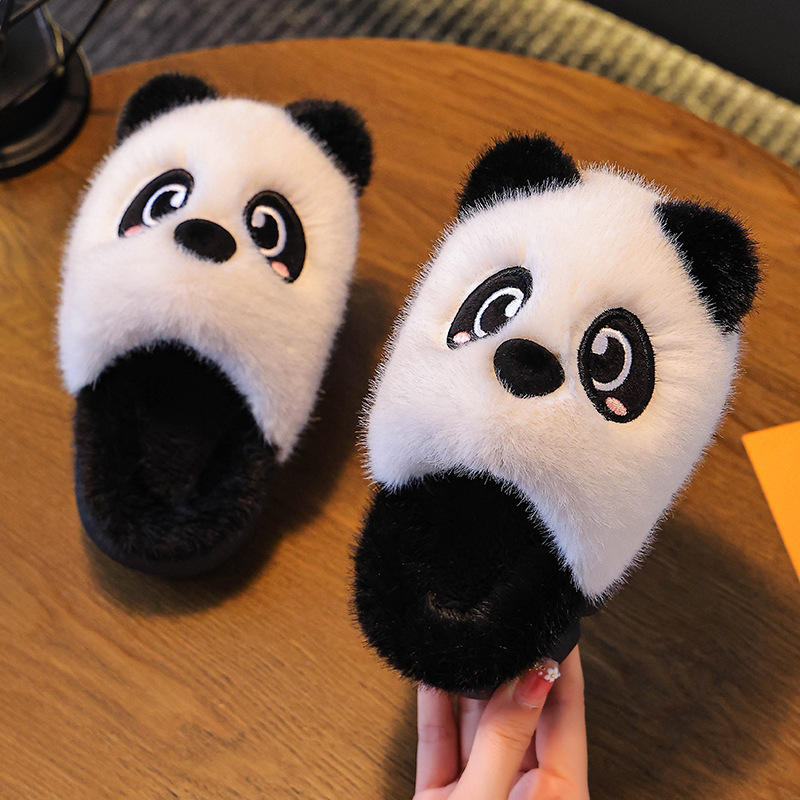 Otoño y invierno zapatillas de algodón para niños, niñas y niños, lindos pandas cálidos, peluche para niños, bolsas de peluche para bebés, zapatos de talón de algodón