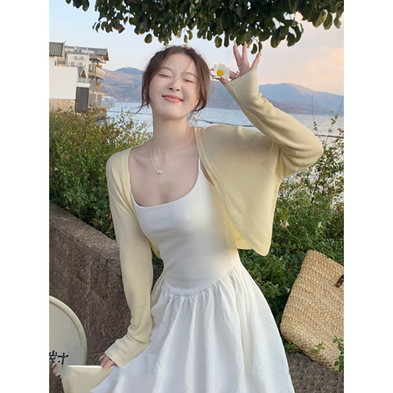 Yellow Cardigan Thin Women's Suspender Skirt Small Outer Wear 2025 New Summer Sun Protection Waistoutwear Jacket Short Top Yellow Cardigan Thin Women's Suspender Skirt Small Outer Wear 2025 New Summer Sun Protection Waistoutwear Jacket Short Top