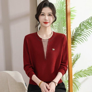 2026年新款中年妈妈春装针织衫时尚中老年女装春秋拼接毛衣打底衫