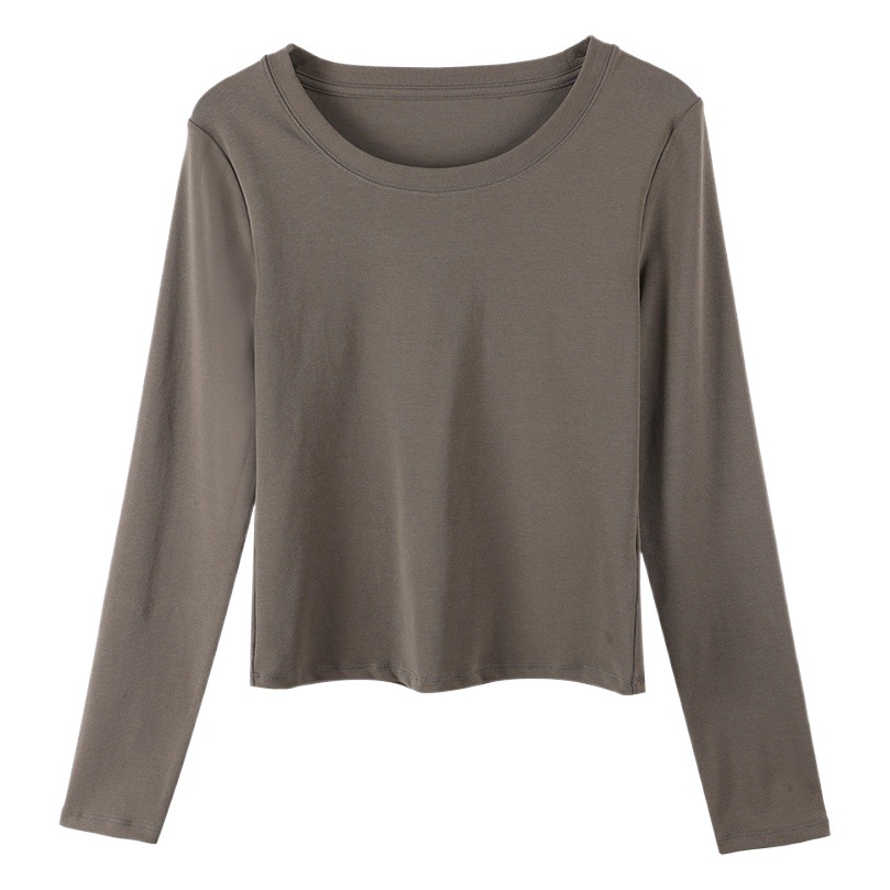 Ropa de Otoño e Invierno para mujer nueva camisa de fondo estilo coreano Cuello redondo para mujer Slim fit adelgazamiento color sólido Algodón elástico desgaste exterior interior superior