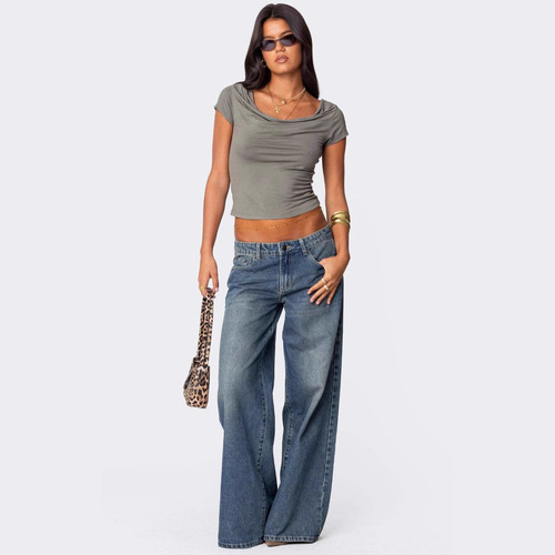 TEMU Western and Foreign Cross-border Loose Wide Leg Fashion Print Denim Pants for Women Women's Denim Jeans