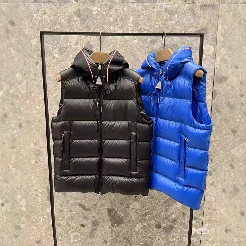 Men's down Vest with Hood and Webbing, Couple's Puffer Vest Jacket, Goose Down, White Goose down