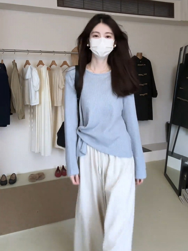 庄不腻秋冬新款绘莉设计感长袖华夫格百搭宽松套头纯色上衣1|undefined