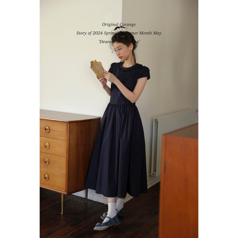 /Corange/Short Sleeve Round Neck Fungus Lace Waist Retro Girly A dress English Navy Blue