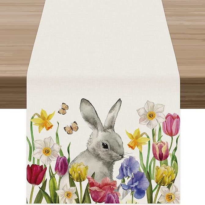 Camino de mesa transfronterizo superventas en Amazon, la nueva decoración para el hogar con temática de conejos de Amazon, mantel de lino estampado para mesa de comedor. image 8