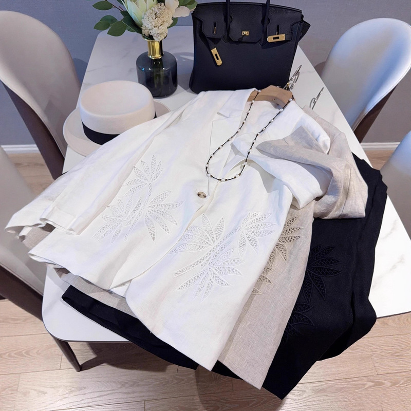 Old Money Vibe Online! Early Autumn Relaxed Commute ~ Hollow Embroidered Casual Loose Linen Blazer for Women