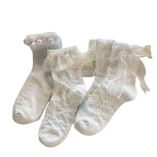 Simple white bow lace socks women's mid-calf socks summer thin Japanese sweet Lolita lace jk socks