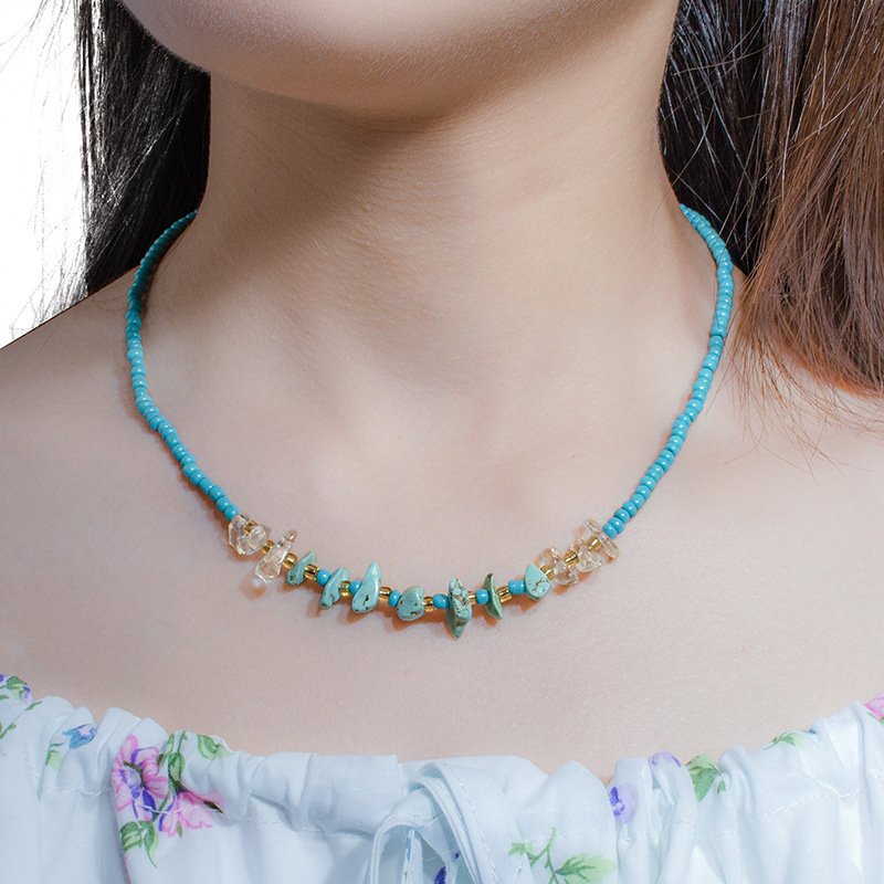 波西米亚风手工饰品米珠项链女串珠绿松石米珠锁骨链欧美跨境项饰