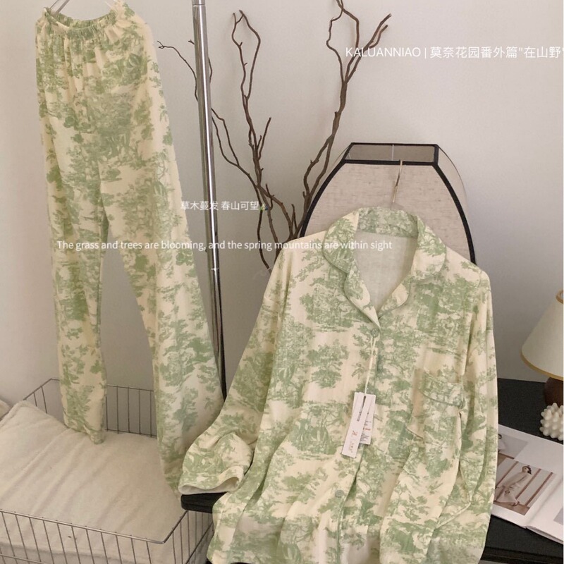 Monet Lady pattern light green pajamas women's long-sleeved trousers shirt cotton casual French homewear suit